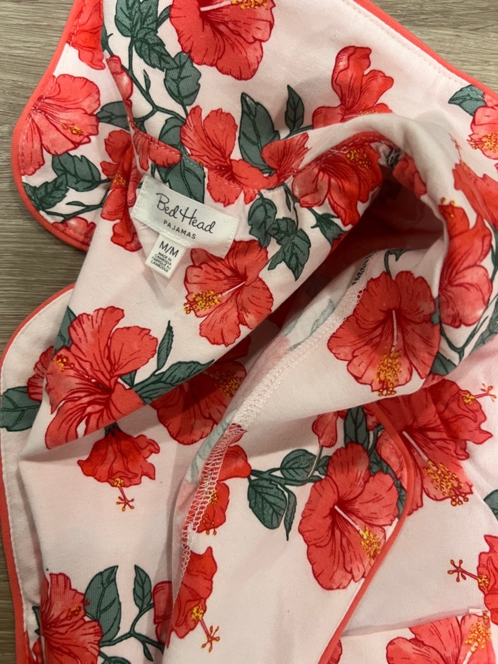 Bed Head Pink Pajama Top with Red Floral Hibiscus Print - Size Medium